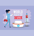 woman with first aid to world health day vector image vector image