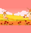 landscape with mills wheat fields and poppies vector image vector image