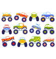 cartoon monster trucks kids cars with big wheels vector image