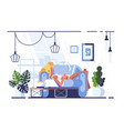 cartoon blonde relaxing with laptop on sofa vector image
