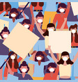 women with medical masks and banners boards vector image vector image