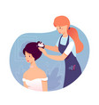 hairdresser making wedding hairstyle for bride vector image