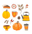 set cute cartoon thanksgiving day icons vector image