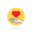 round yellow charity logo with heart in hand vector image vector image