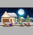 cartoon of a boy riding sled in front snowing hous vector image