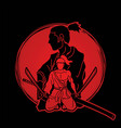 samurai warriors with swords action cartoon vector image