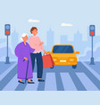 young man and old lady walking across road vector image