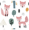 seamless woodland pattern with cute foxes and hand vector image vector image