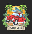 summer surfer and car with coconut tree artwork ve vector image vector image