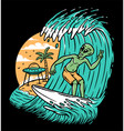 aliens surfing on the beach vector image vector image