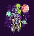 astronauts and aliens cycling in space vector image vector image