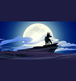 wolf stand on rock cliff at night with full moon vector image