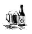 beer mug with bottle sketch hops and wheat vector image vector image