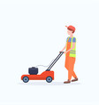 man gardener in uniform cutting grass with lawn vector image