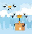 drone flying with box at city vector image