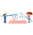 children brushing big teeth with a toothbrush vector image