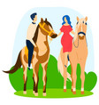 people couple at two horses love walk at animal vector image vector image