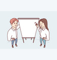 man and woman stand near empty flipchart carry out vector image