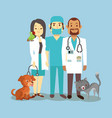 veterinarian staff with cute pets isolated on blue vector image vector image