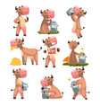 funny brown cow in different situations set farm vector image