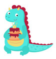 cute dinosaur holds birthday cake vector image