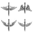 set of emblems with medieval sword and wings vector image vector image