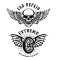 car repair emblems wheel with wings skull vector image