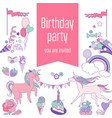 happy birthday card with runicorn cake sweets vector image