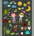 set hand drawn nature with kids vector image
