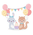 happy birthday rabbit squirrel cupcake balloons vector image