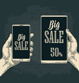 smart phone hold male hand lettered text big sale vector image vector image