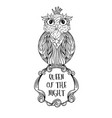 owl bird sitting on sign with inscription queen vector image