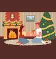 cartoon man and woman sit on floor with present vector image vector image