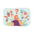 woman thinking over healthy and unhealthy snacks vector image