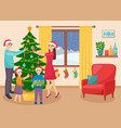 happy family decorates christmas tree in living vector image vector image