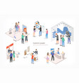 people walking among commercial promotional stands vector image