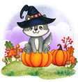 cute watercolor wolf puppy with witch hat sitting vector image vector image