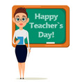 Happy teachers day cute teacher with pointer and Vector Image