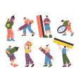 people and stationery character holding big tools vector image vector image