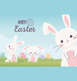 happy easter cute rabbits with decorative eggs vector image