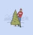 smiling woman choose fir tree for new year vector image vector image