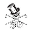 skull wearing top hat with crossed cane and dice vector image