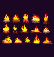 set of burning fire flames campfire with logs vector image