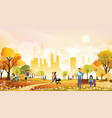 autumn landscape in city park with happy people vector image