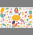 big colorful set sea animals and cute mermaids vector image