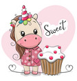 greeting card cute unicorn with cake vector image