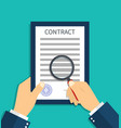contract document with magnifying glass in hand vector image
