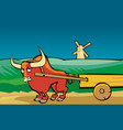 angry bull drags the cart along the road vector image vector image