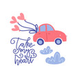 small car with red heart balloons in doodle flat vector image vector image