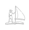 boy in hat floating on book with sail vector image